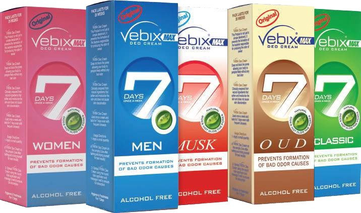 The full Vebix MAX 7-Day deodorant cream range